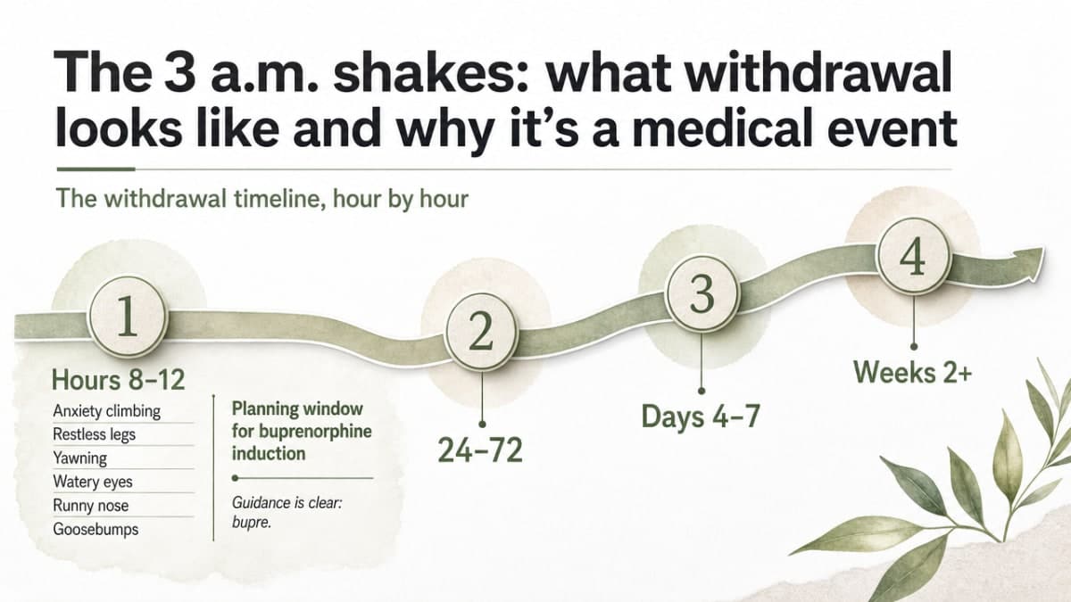 Visualize the cited fentanyl withdrawal timeline (hours 8-12, 24-72, days 4-7, weeks 2+) with the specific medication induction and dosing guidance from SAMHSA TIP 63 that appears in the section prose