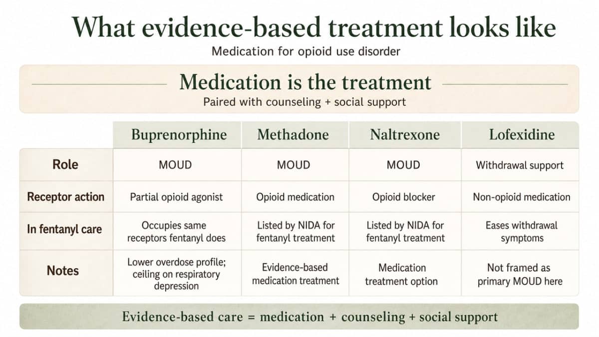 Support the section's comparison of the four medications for fentanyl use disorder (buprenorphine, methadone, naltrexone, lofexidine) using details cited in the prose from NIDA and SAMHSA TIP 63