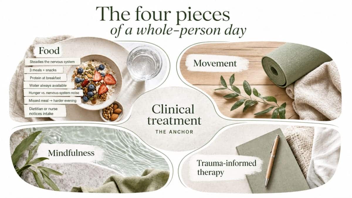 Visualize the four integrated pillars of whole-person care described in this section, giving readers a clear framework of how food, movement, mindfulness, and trauma-informed therapy work together alongside clinical treatment