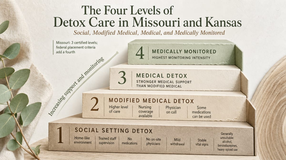 Visualize the four escalating levels of detox care described in this section with their key staffing and setting attributes, since the section explicitly compares them