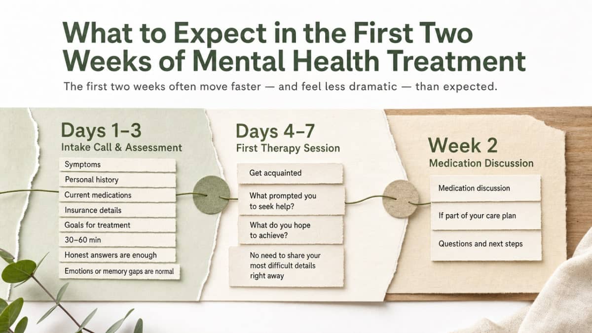 Visualize the cited two-week onboarding journey (intake call, first therapy session, medication discussion) described in the section
