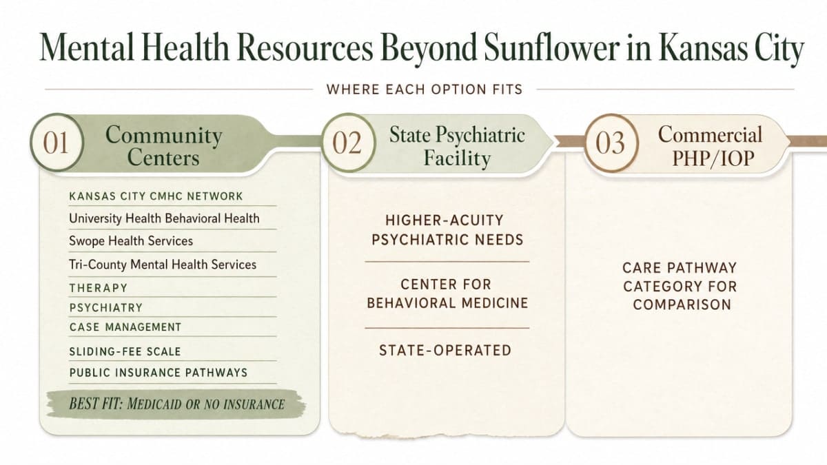 Compare the cited Kansas City mental health care pathways (community centers, state psychiatric facility, commercial PHP/IOP) so readers can locate where each option fits
