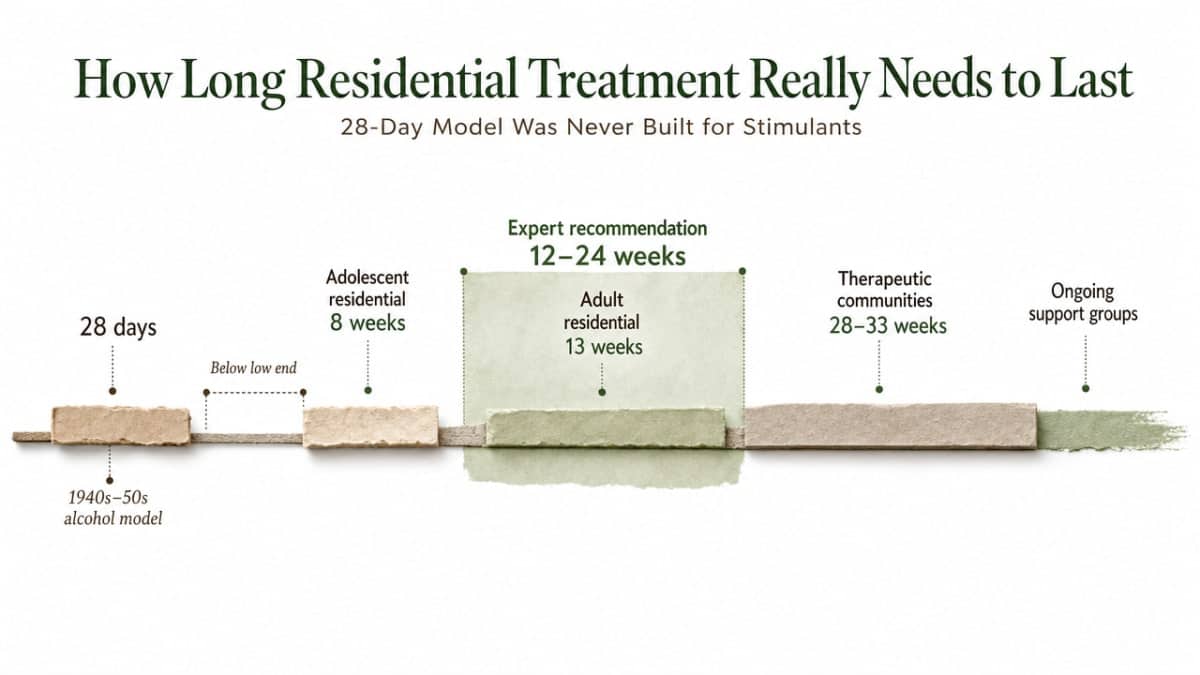 Compare typical treatment program durations to the expert-recommended range for meth, directly supporting the section's argument that 28 days is insufficient. All numbers appear in the section prose with citation [ref_2]
