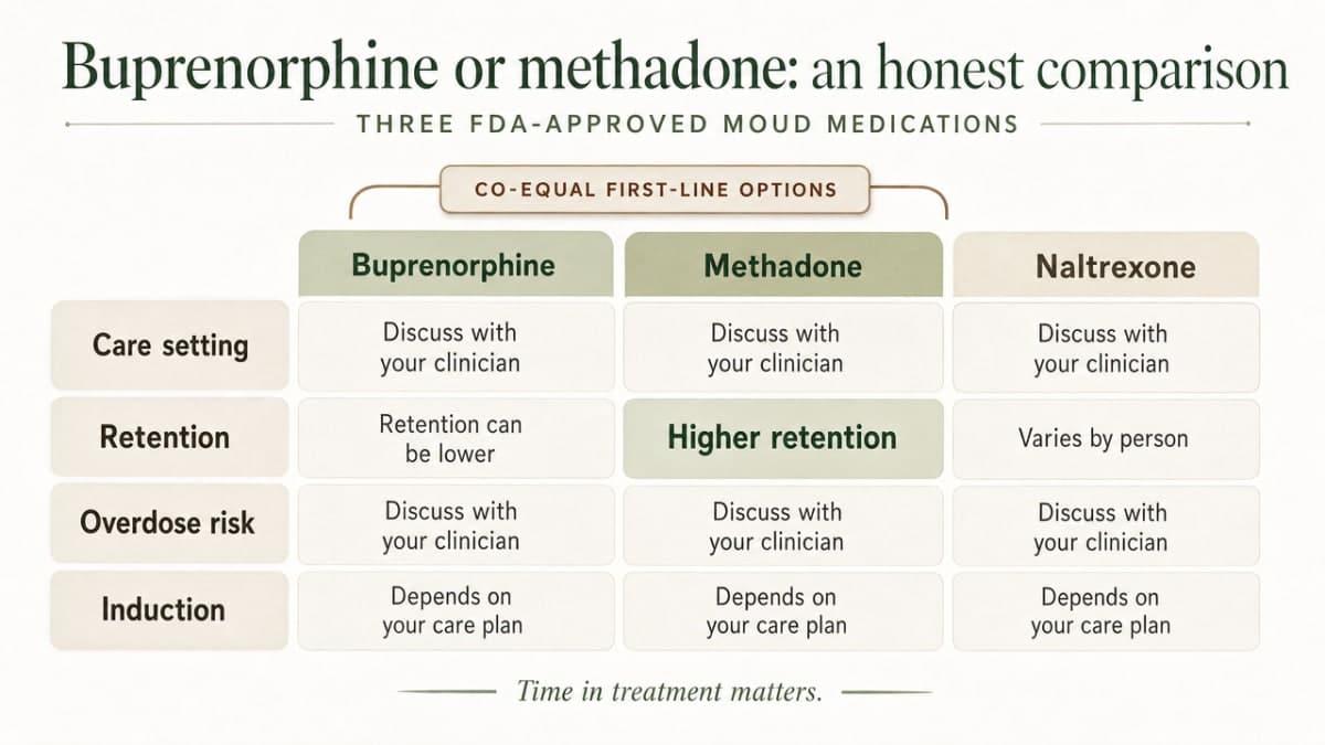 Compare the three FDA-approved MOUD medications across the specific dimensions the section discusses: care setting, retention, overdose risk, and induction requirements