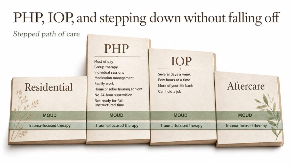 Visualize the stepped continuum of care described in the section — residential to PHP to IOP to aftercare — with MOUD and trauma-focused therapy running through every level