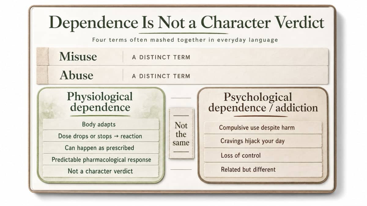 Visualize SAMHSA's four-term clinical framework distinguishing misuse, abuse, physiological dependence, and psychological dependence/addiction — directly supporting the section's core argument that these terms are not interchangeable