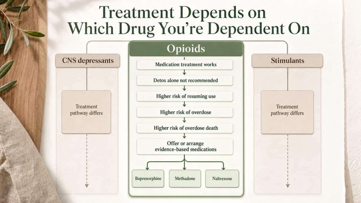 Comparison infographic showing how treatment pathway differs by drug class — directly supports the section's three-subsection structure comparing opioids, CNS depressants, and stimulants