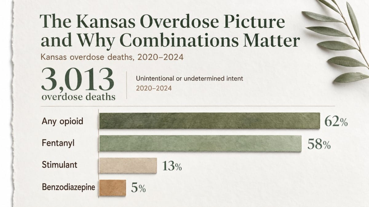 Bar chart visualizing the substance-involvement breakdown of Kansas overdose deaths 2020-2024, directly matching the cited statistics in this section