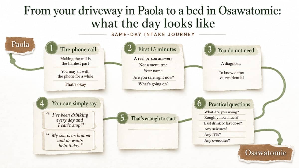 Process infographic mapping the same-day intake journey described across the subsections, giving readers a clear visual walkthrough