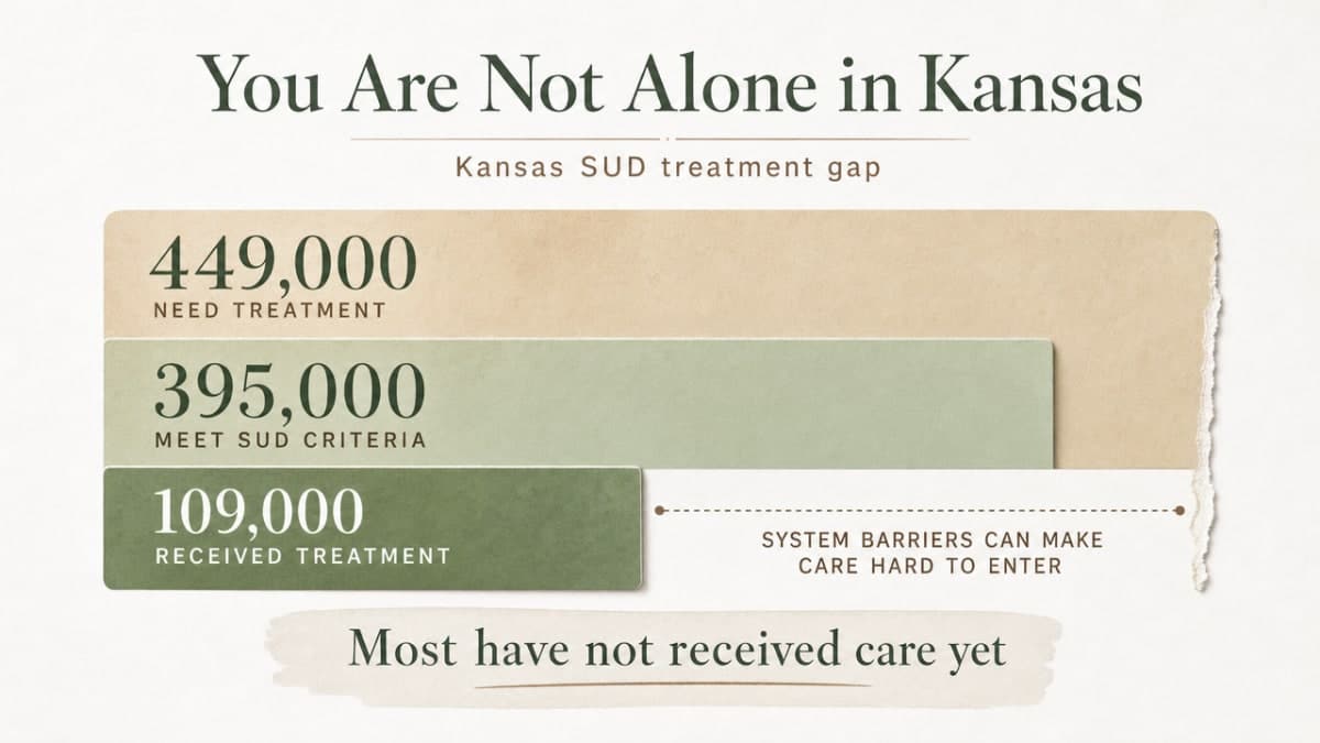 Visualize the Kansas SUD treatment gap cited in this section, showing the disparity between people needing treatment and those receiving it