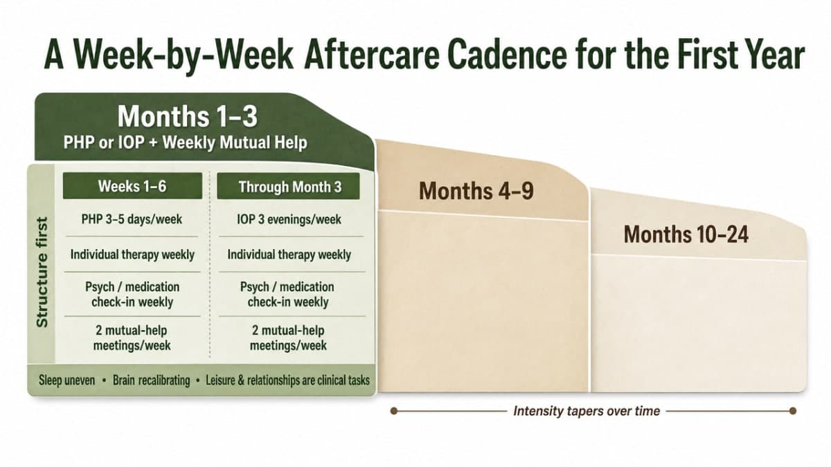 Visualize the three-phase continuing care cadence described in the section's subsections, showing how intensity tapers from months 1-3 through months 10-24
