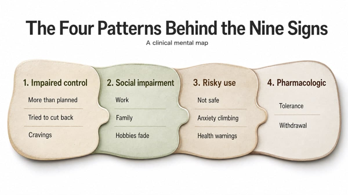 Visualize the four DSM-5-TR clinical pattern domains that organize the nine signs, giving readers a mental map for the sections that follow