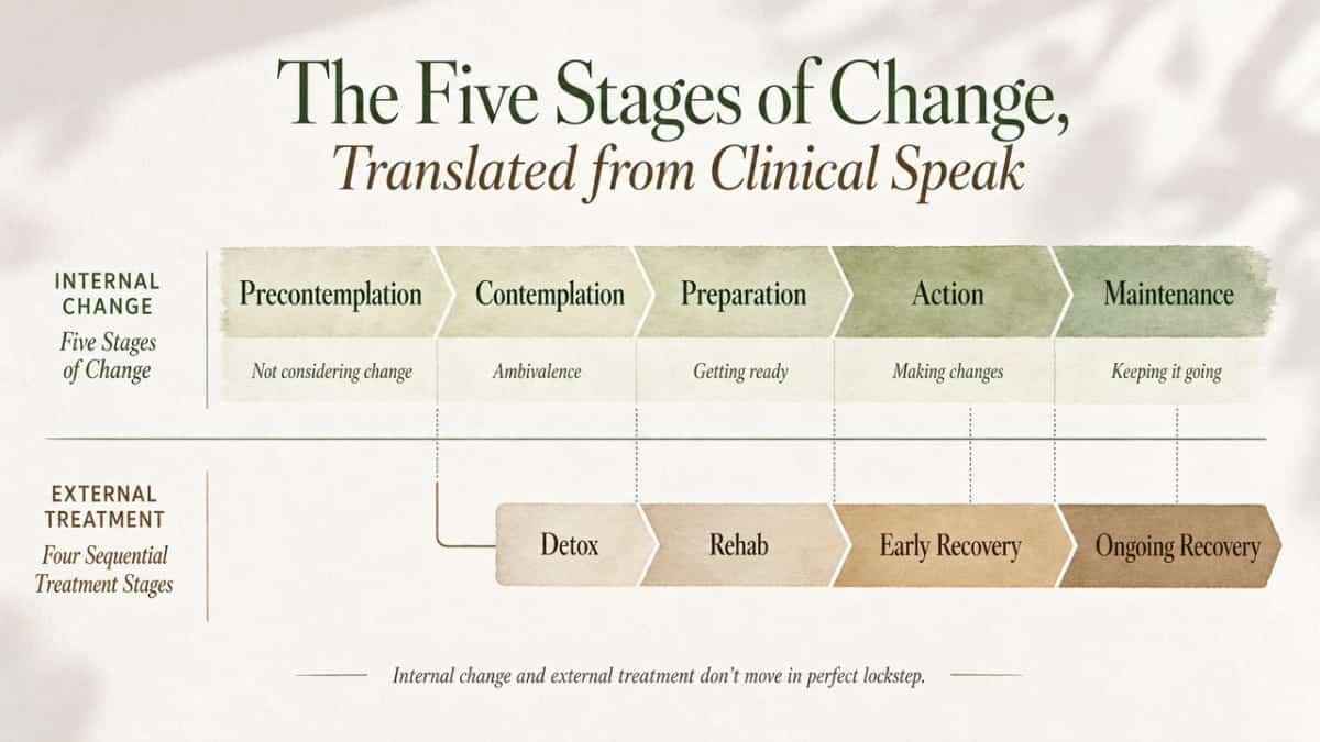 Visualize how the five internal Stages of Change align with the four sequential stages of structured treatment, since the section explicitly describes these two parallel maps and their overlap