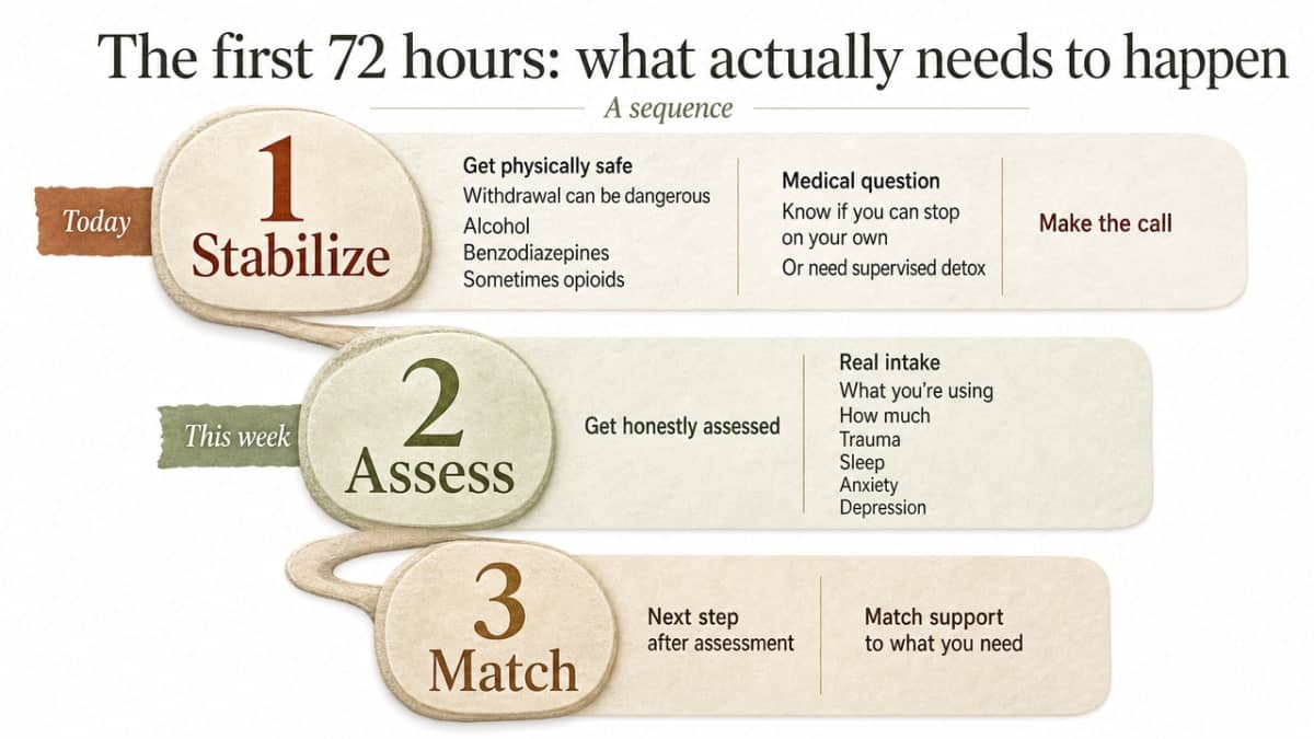 Visualize the three-step sequence described in this section (stabilize, assess, match) as a process infographic anchoring the article's core framework