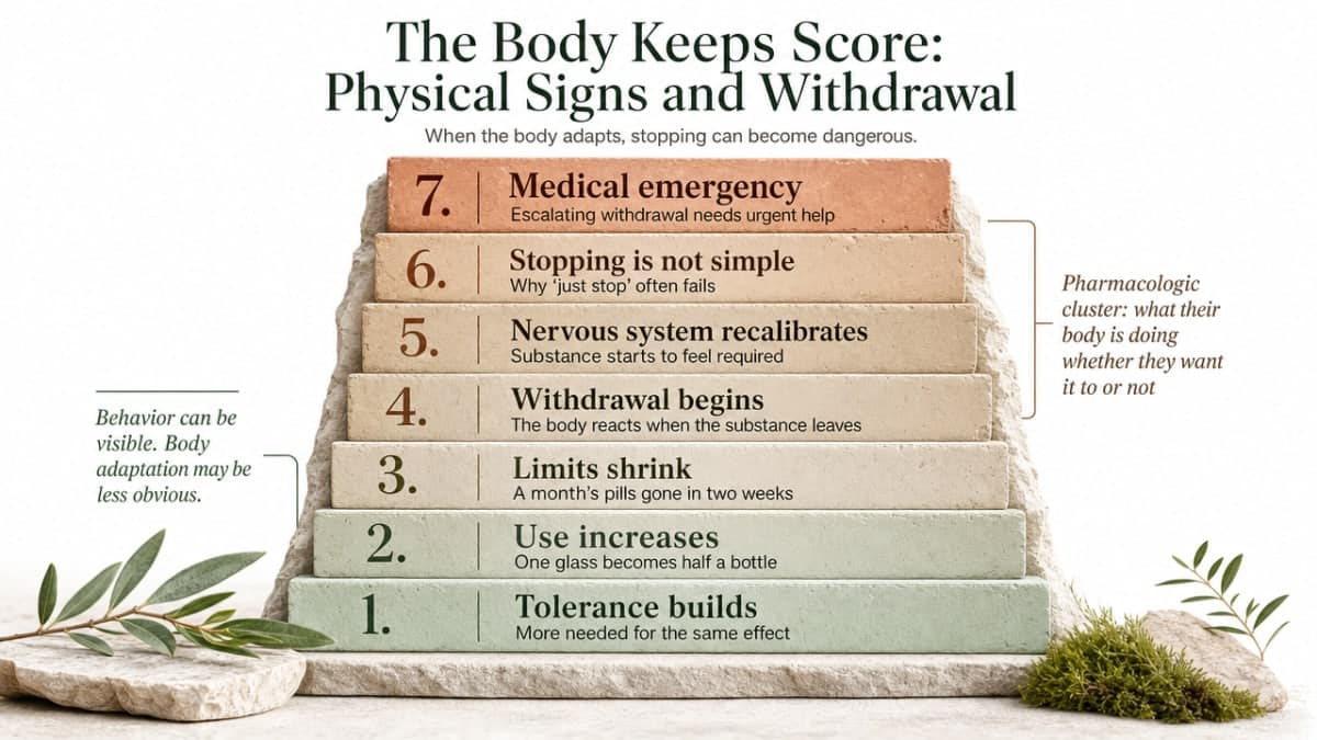 Show the escalation ladder of alcohol withdrawal symptoms explicitly cited in this section, helping families recognize when withdrawal becomes a medical emergency