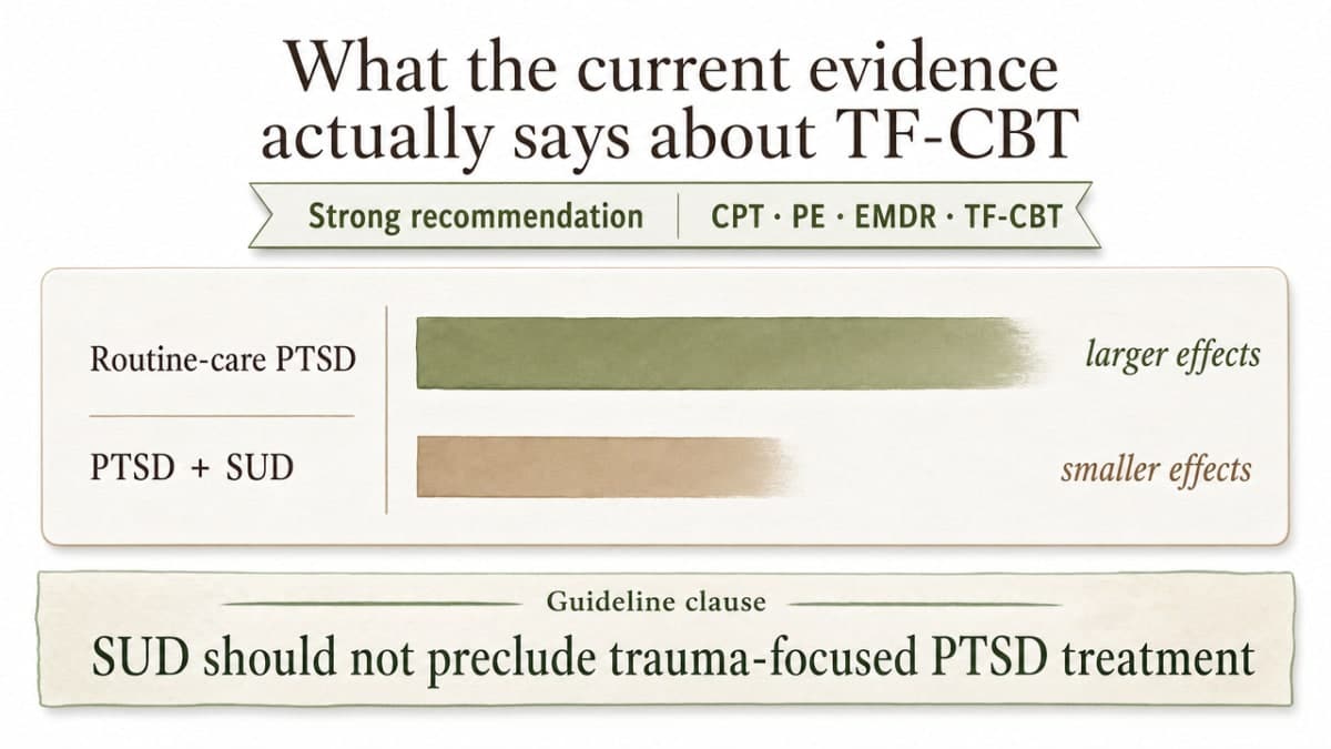 Compare effect sizes between routine-care PTSD populations and comorbid PTSD+SUD populations to make the magnitude gap visually concrete, directly supporting the section's core argument