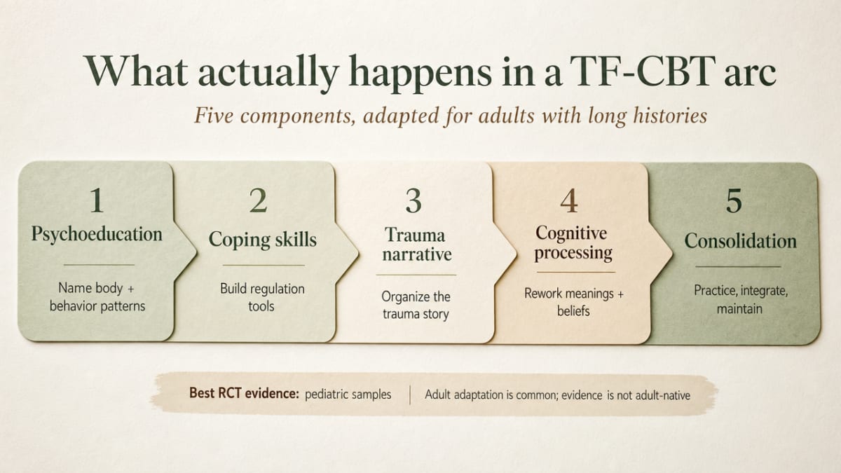 Visualize the five-component TF-CBT sequence described in the section, showing the workflow clinicians move patients through