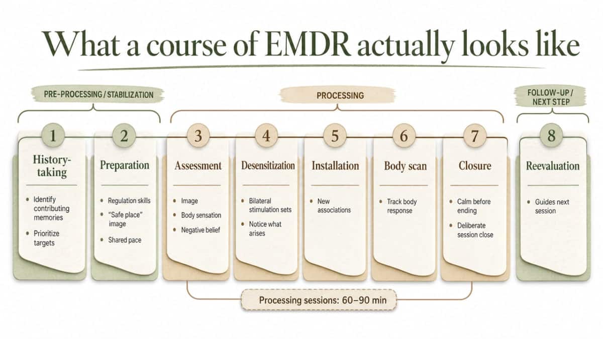 Visualize the eight-phase EMDR protocol described in this section, showing the progression from history-taking through stabilization to processing and closure