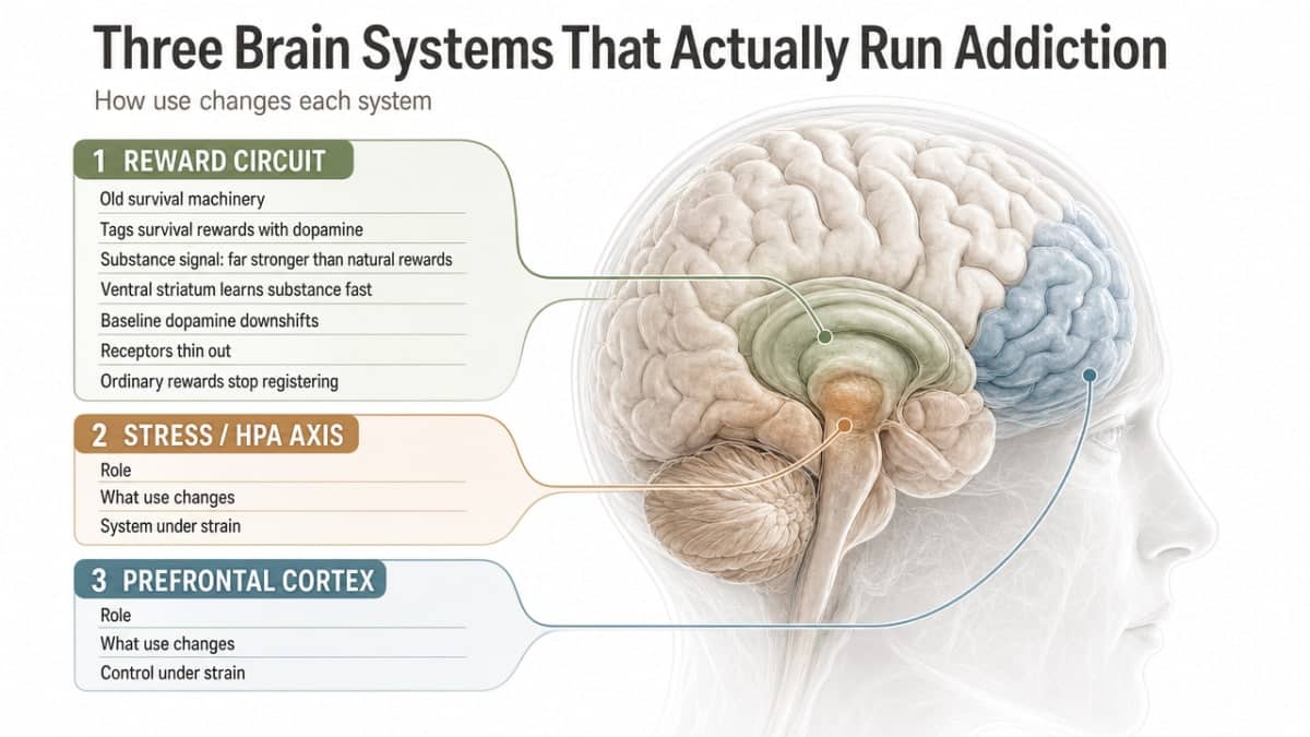 Visualize the three brain circuits explained across the three subsections (reward, stress, prefrontal control) as a cohesive framework map before the reader dives into each