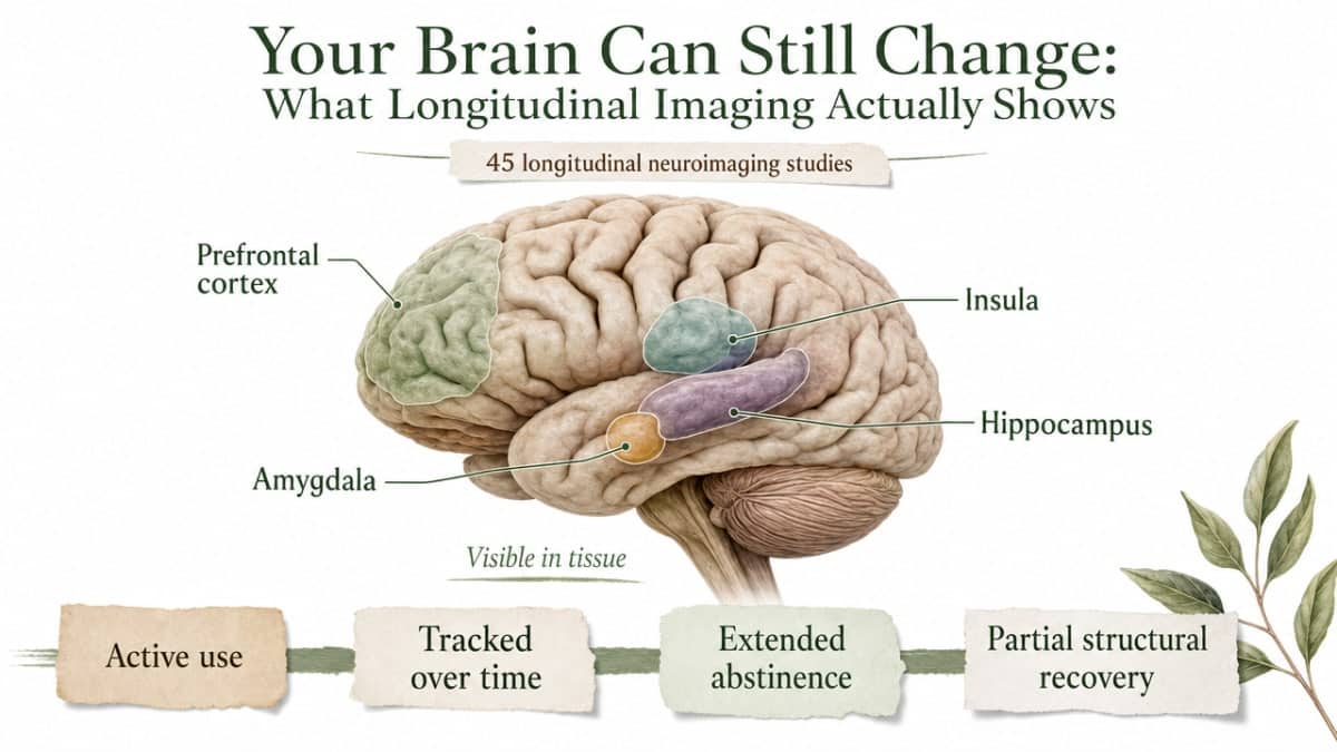 Show the four specific brain regions where longitudinal imaging documented structural recovery during abstinence, directly supporting the section's core finding from the 45-study review