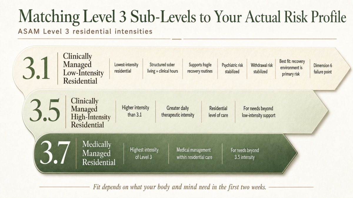 Compare the three ASAM Level 3 residential sub-levels (3.1, 3.5, 3.7) described in this section, giving readers a structured comparison of intensity, clinical features, and best-fit profiles