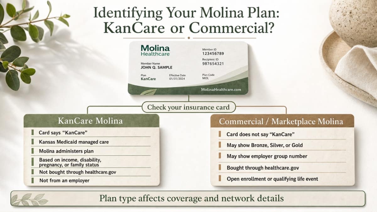 Compare KanCare Molina and Commercial/Marketplace Molina side by side to help readers quickly identify their plan type and understand coverage and network implications, directly supporting this section's comparison content