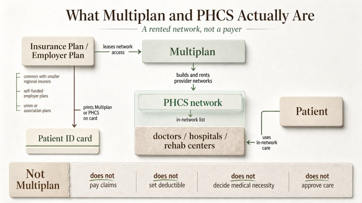 Clarify the relationship between Multiplan/PHCS networks, the insurance payer, and the patient, since this is the core conceptual point of the article