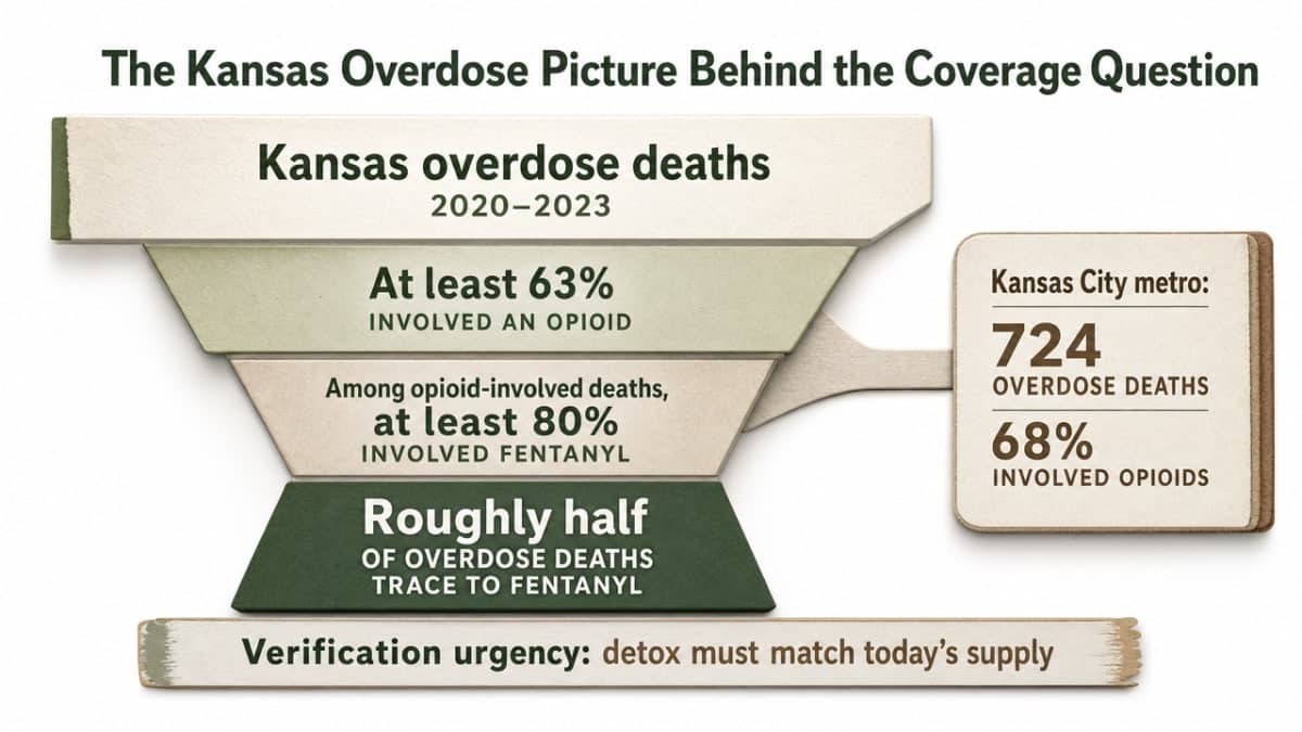 Visualize the KDHE data cited in this section showing the share of Kansas overdose deaths involving opioids and fentanyl, directly supporting the urgency framing