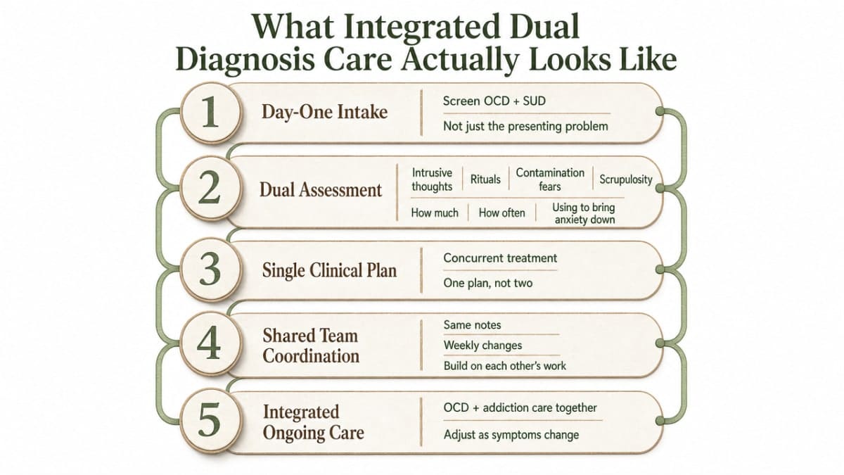 Visualize SAMHSA's cited five-step integrated assessment and treatment sequence described in this section, giving readers a clear process map of what concurrent OCD + SUD care involves