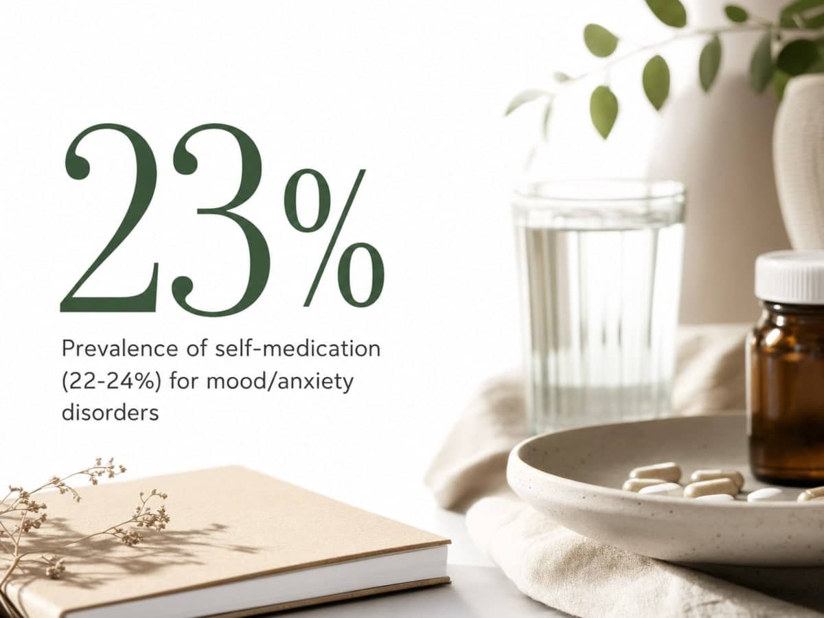 Infographic showing Prevalence of self-medication (22-24%) for mood/anxiety disorders