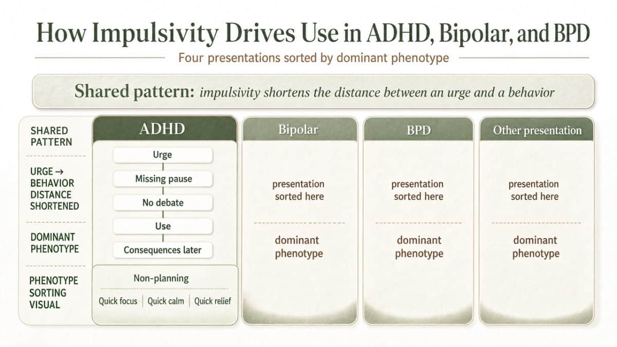 Compare the four impulsivity presentations described in this section by dominant phenotype, matching the article's explicit reference to a visual that sorts presentations