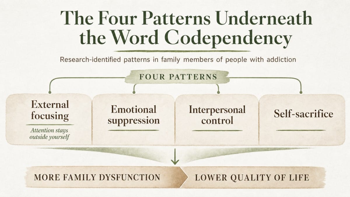 Visualize the four research-identified patterns of codependency described in this section, matching the cited Dear et al. framework in the prose