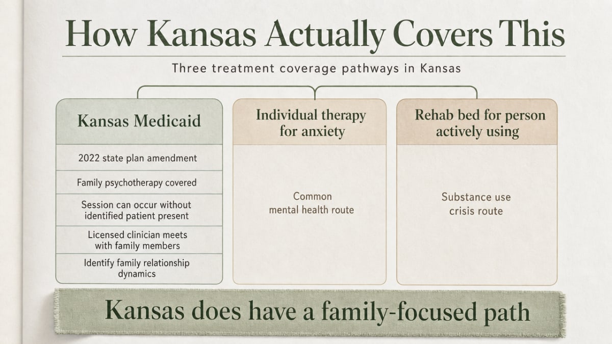 Compare the three treatment coverage pathways in Kansas that the section explicitly describes, giving the reader a decision-oriented view