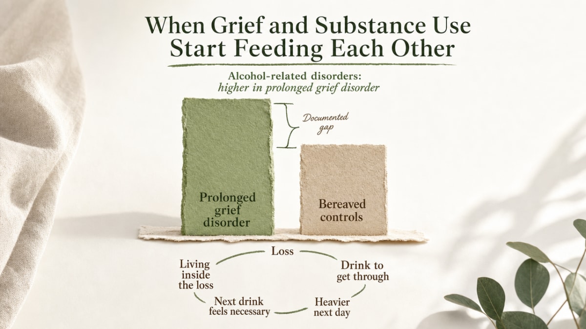 Visualize the documented prevalence gap in alcohol-related disorders between patients with prolonged grief disorder and bereaved controls, directly supporting the section's argument about how grief and substance use tangle