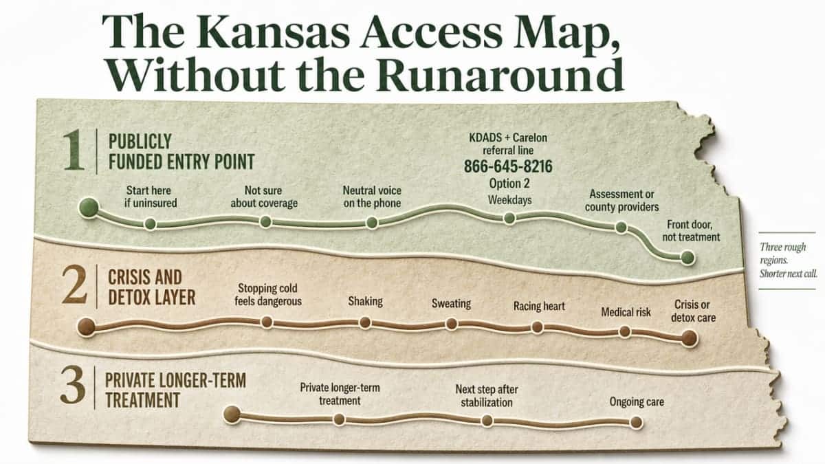 Visualize the three-region access map for Kansas addiction care described in the section — publicly funded entry point, crisis and detox layer, and private longer-term treatment — so readers can see how to navigate to the right door