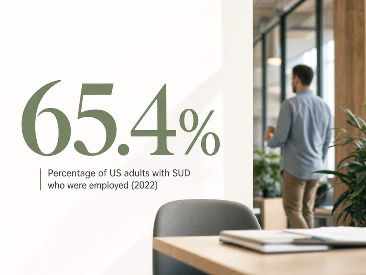Infographic showing Percentage of US adults with SUD who were employed (2022)