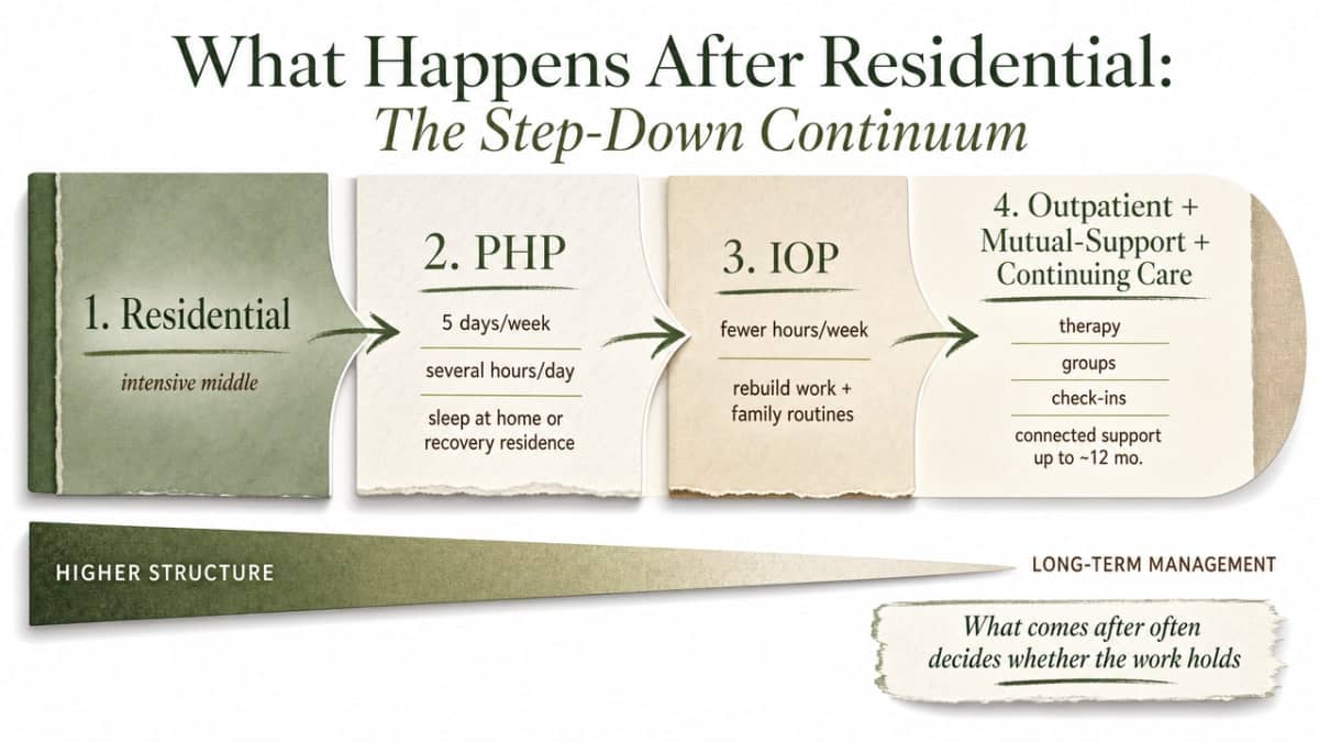 Visualize the step-down care continuum described in this section as a horizontal journey from residential through continuing care