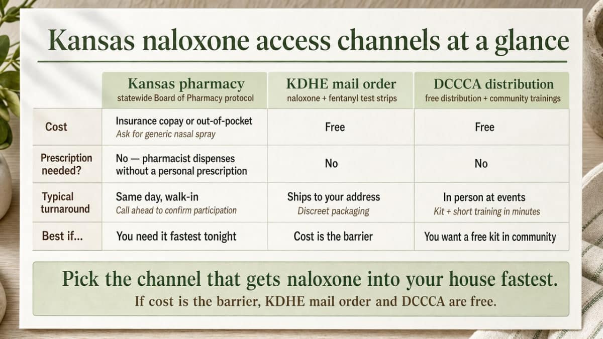 Turn the section's comparison table into a scannable side-by-side visual of the three Kansas naloxone access channels, matching the article's cited details