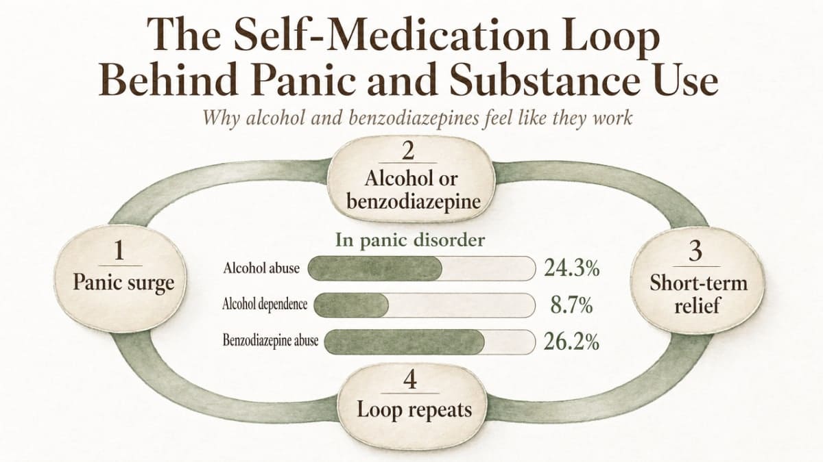 Visualize the cited prevalence statistics on how frequently people with panic disorder misuse alcohol and benzodiazepines, directly supporting the section's clinical data claims