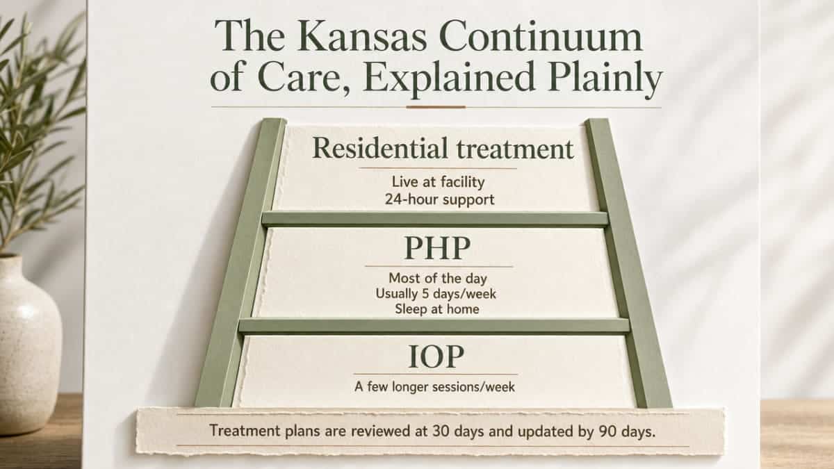 Illustrate the Kansas ASAM-based continuum of care as a stepped ladder, supporting the section's explanation of levels of care and the 30-day/90-day treatment plan requirements