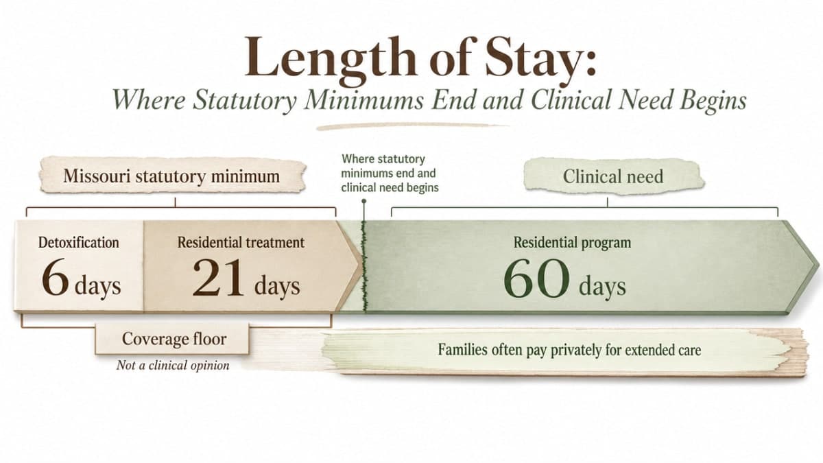 Compare Missouri's statutory minimum coverage days against typical clinical length-of-stay recommendations discussed in this section, reinforcing why families often pay privately for extended care