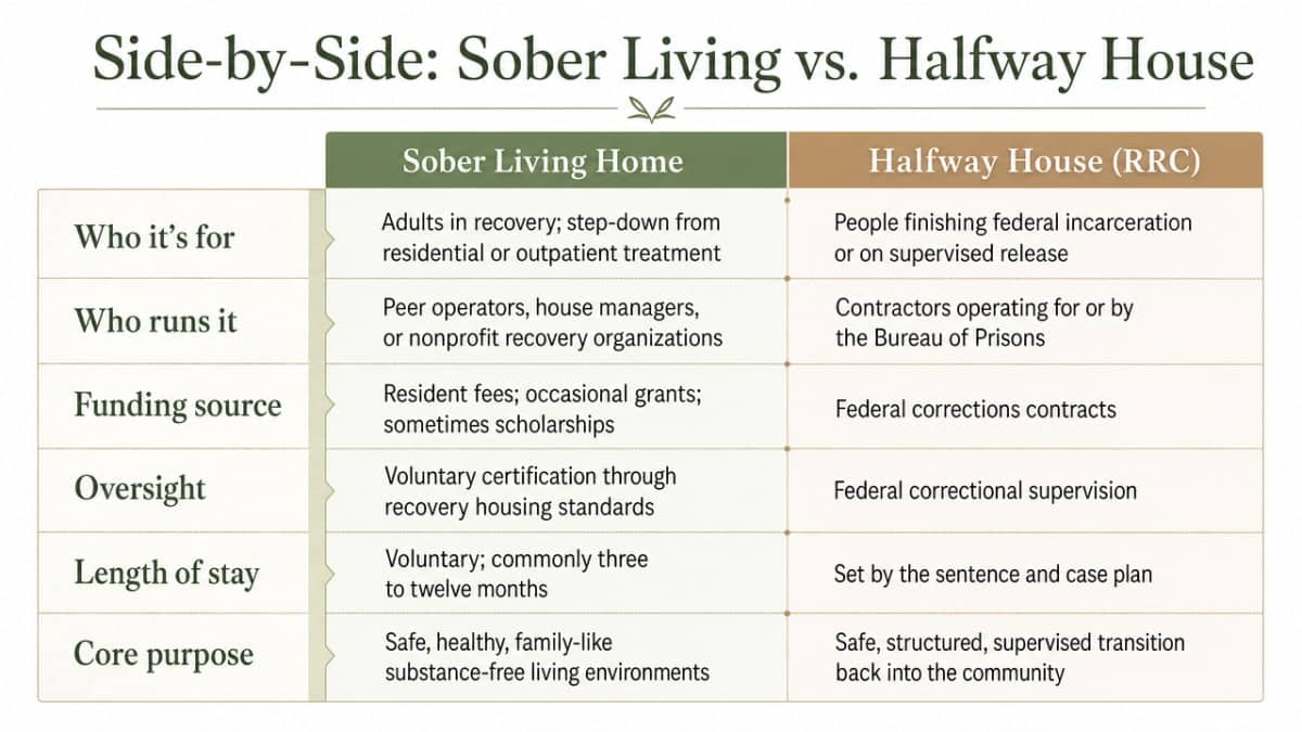 Visualize the comparison table distinguishing sober living homes from halfway houses across the six dimensions the section explicitly covers