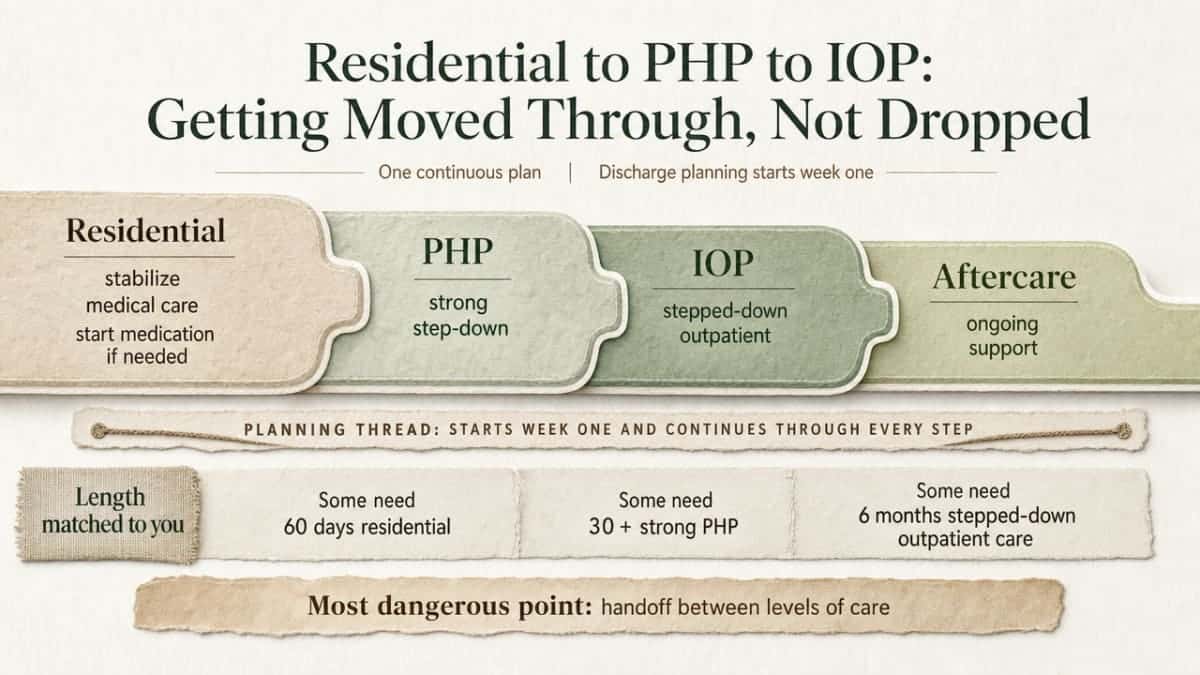 Visualize the continuum-of-care described in this section as a horizontal step-down process, supporting the cited NIDA principle that treatment is a continuum rather than a fixed stay