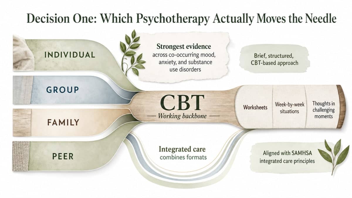 Visualize the four therapy formats (individual, group, family, peer) that integrated care combines, as described in the section and cited to SAMHSA principles