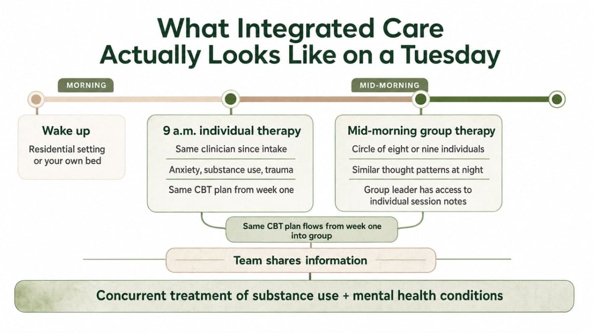 Show the described day-in-the-life schedule of integrated care as a timeline, reinforcing the section's Tuesday walkthrough