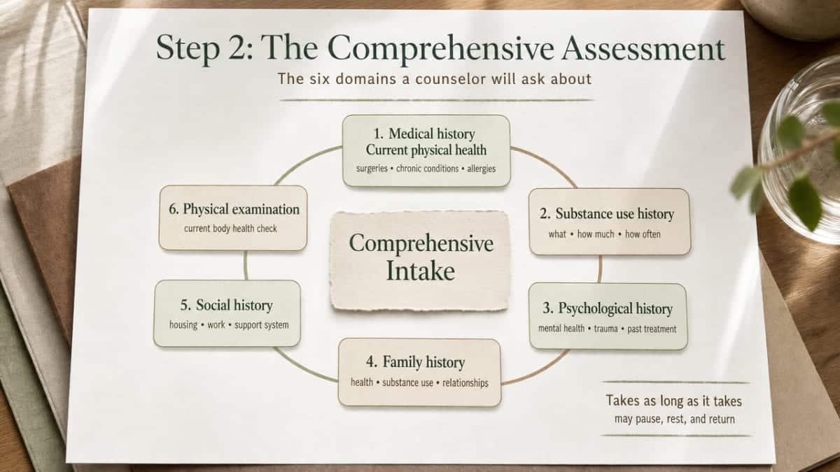 Visualize the six assessment domains a counselor covers during the comprehensive intake, directly supporting the section's cited framework