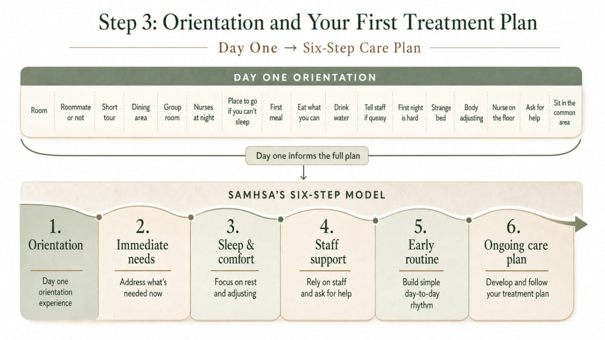 Illustrate SAMHSA's six-step model for building a dual-diagnosis care plan referenced in the section, clarifying how day one connects to the fuller plan